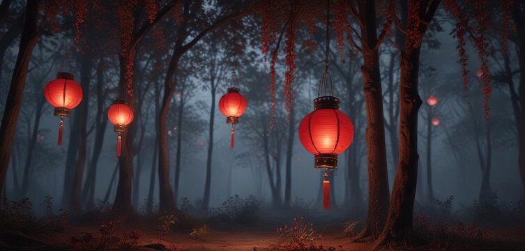 Hanging red lanterns create a romantic ambiance in the forest at dusk , autumnal colors , forest, misty atmosphere