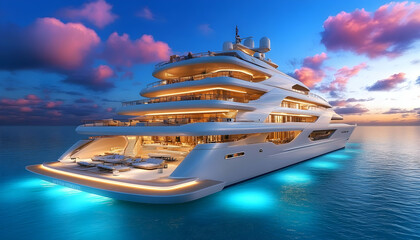 Luxurious yacht at sunset, serene ocean backdrop.  Ideal for travel, luxury lifestyle, and wealth concepts.