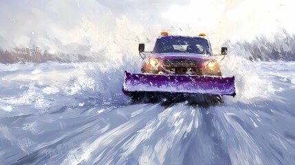 Heavy-duty snowplow clearing highways after a winter storm, ensuring safety, illustrated in a realistic, high-contrast art style