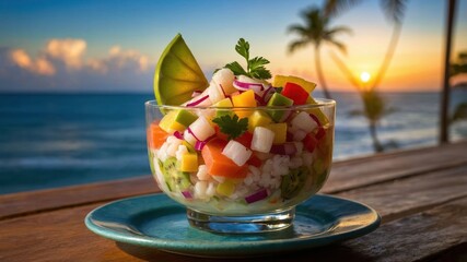 A colorful fruit and vegetable salad served in a glass bowl with a sunset backdrop.