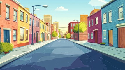Obraz premium A Colorful City Street with Row Houses and a Blue Sky