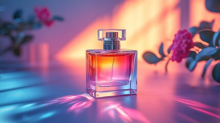 Elegant Perfume Bottle with Roses Underneath Colorful Lights
