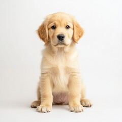 Golden retriever puppy sitting on white background