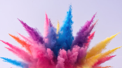 A vibrant explosion of colored powders in pink, blue, yellow, and purple, creating a dynamic and joyful atmosphere against a light background.