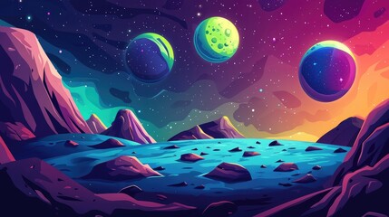 A Vibrant, Cosmic Landscape with Three Moons and Rocky Shores