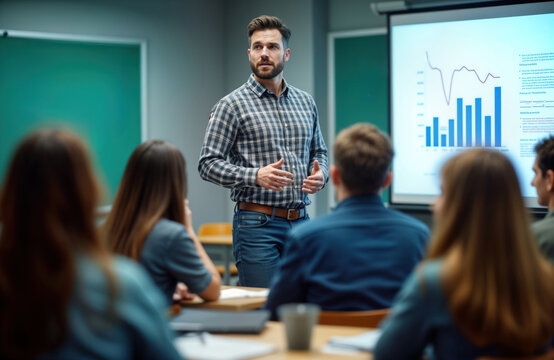Male teacher leads engaging classroom presentation on graph data to attentive students. Interactive teaching methods enhance learning experience. Students focused on display of statistics.
