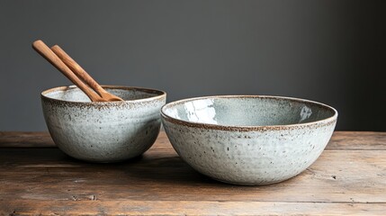 Elegant Handmade Ceramic Bowls with Wooden Utensils on Table