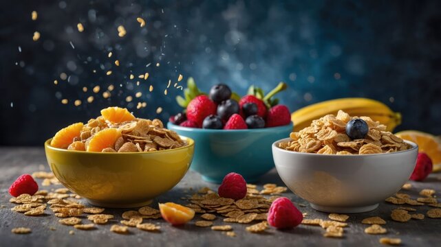 A vibrant display of cereals and fresh fruits in colorful bowls, ideal for breakfast.