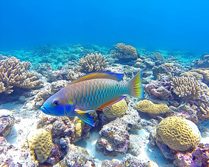 Obraz premium Vibrant parrotfish swimming amidst a thriving coral reef ecosystem. Underwater scene showcasing diverse marine life and stunning colors.