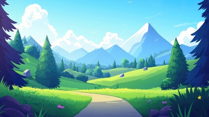 Winding Path Through a Lush Green Valley with Majestic Mountains in the Background