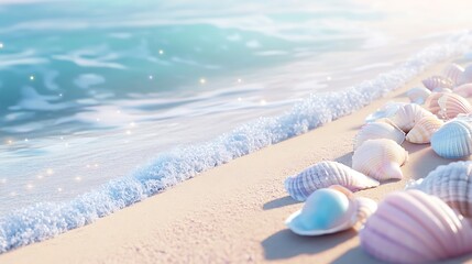 Seashells on Sandy Beach Near Gentle Ocean Waves