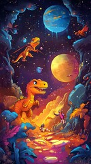 A vibrant, whimsical scene featuring dinosaurs in a cosmic landscape with planets and colorful foliage.