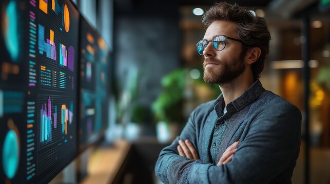 Male Data Analyst Preparing Data Presentation in Modern Boardroom
