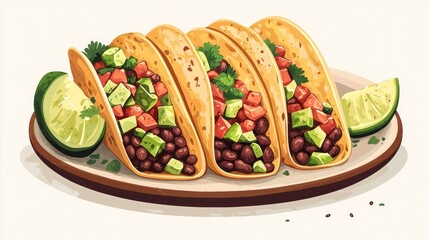 Delicious Vegan Tacos with Spiced Beans and Avocado Salsa on Rustic Plate - 2D Flat Illustration