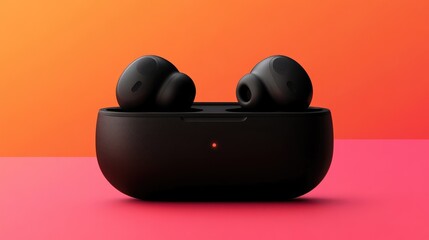Modern Black Earbuds in Charging Case on Vibrant Gradient Background