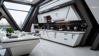 Modern Kitchen with Angular Design and Large Windows