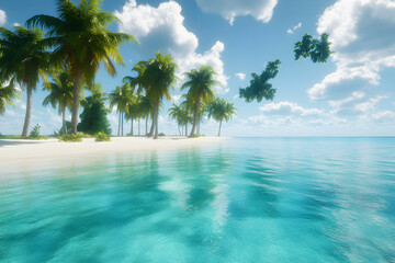 Obraz premium Idyllic tropical beach scene with palm trees, white sand, and crystal-clear turquoise water under a vibrant blue sky. Perfect for travel, vacation, or relaxation themes.