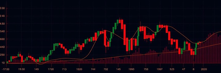 Naklejka premium Stock market candlestick graph showing a sharp decline during a recession with red market indicators and coronavirus impact, stock crisis, economic world