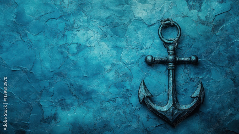 Leinwandbilder Nautical anchor resting on a textured blue background with ample space for adding text or other elements. Generative AI