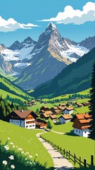 Picturesque alpine village landscape with majestic mountain views