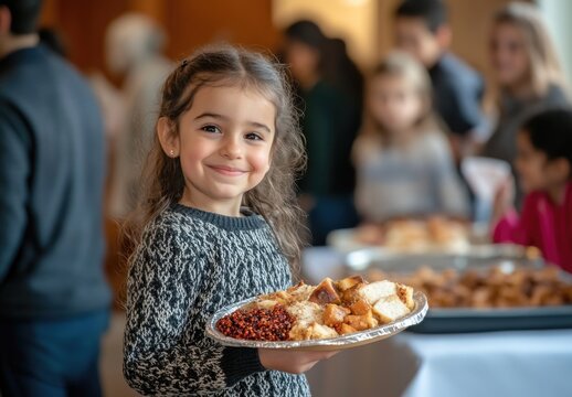 During national school breakfast week, a young girl happily holds a plate of food filled with various breakfast items while enjoying the festive atmosphere around her
