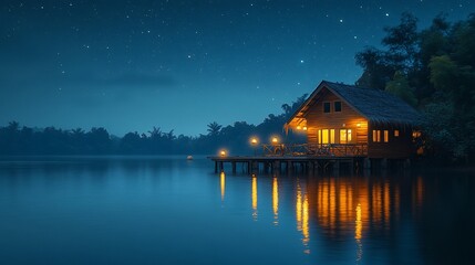 Fototapeta premium Tranquil Lakeside Cabin Under Starlit Night Sky