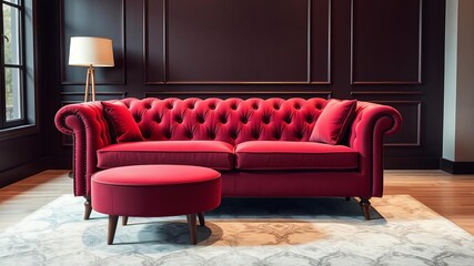 Stylish red sofa with tufted design and wooden legs, modern touch, living space, elegant, luxury