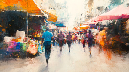 Obraz premium An abstract street market scene, where the stalls, goods, and people are depicted with vibrant splashes of color, blurring together to symbolize the energy and diversity of the market. 
