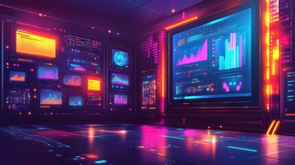 Obraz premium Futuristic control room with vibrant displays showing data analysis and graphs.
