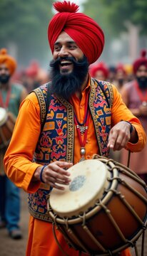 Man playing dhol drum. Indian man wears vibrant orange outfit with intricate details. Wears red turban, plays musical instrument. Enjoys music. Outdoor performance. Traditional cultural music event.