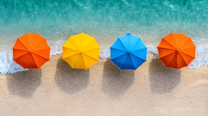 Vibrant beach umbrellas on a sandy shore, viewed from above, with gentle waves lapping the edge. Perfect for summer vacation themes.