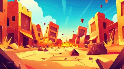 Destroyed Cityscape with Rubble and Explosions, 2d cartoon for game background and cartoon cover book