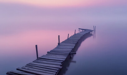 Fototapeta premium Wooden dock stretches into misty horizon blending serenity calm reflection and pastel hues creating tranquil escape symbolizing the journey into the unknown and evoking peace wonder and introspection