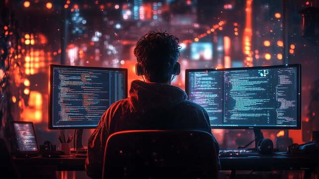 Programmer in Professional Workspace with Glowing Monitors