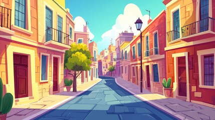 Fototapeta premium A Narrow Cobblestone Street Lined with Colorful Buildings, 2d cartoon for game background and cartoon cover book