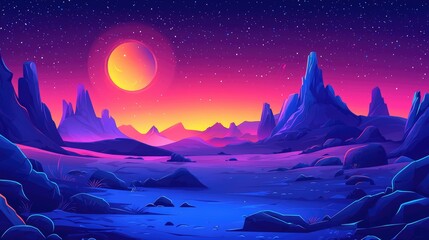 A  vibrant, alien landscape with a large, orange moon and starry sky., 2d cartoon for game background and cartoon cover book