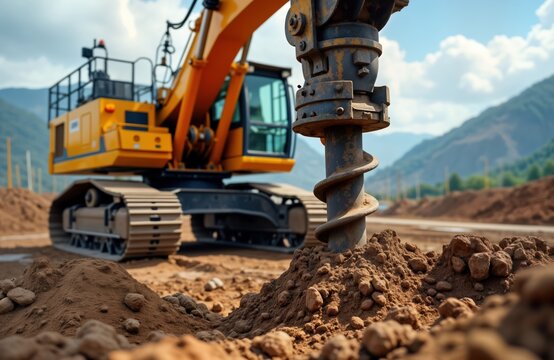Powerful hydraulic drilling rig drills holes in ground at construction site. Borehole installation of pile foundations. Construction equipment works outdoors on sunny day. Large machine makes deep