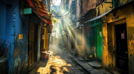 A serene alleyway illuminated by sunlight, showcasing vibrant colors and a tranquil atmosphere.
