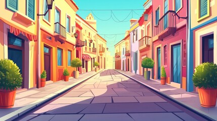 Fototapeta premium A Colorful European Street with Cobblestone Pavement and Brightly Painted Buildings, 2d cartoon for game background and cartoon cover book