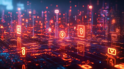 Obraz premium Virtual Space with Glowing Security Icons and Cybersecurity Symbols