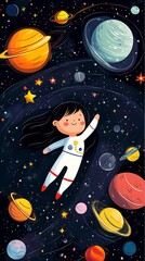 A cheerful girl in a spacesuit floats among colorful planets and stars in a whimsical space scene.