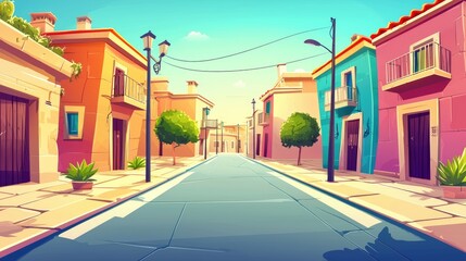 Naklejka premium A Colorful Street Scene with Buildings, Trees, and Streetlights