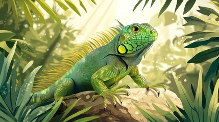 Fototapeta premium Green iguana perched on rock in lush jungle.