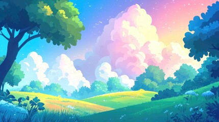 Fototapeta premium A Vibrant Summer Landscape with Lush Greenery and Pastel Clouds