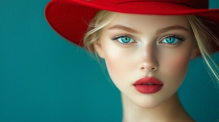 Close-up portrait of a young woman with bright blue eyes wearing a red hat against a teal background.