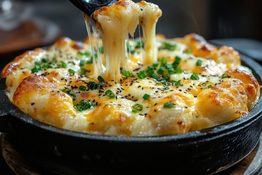 Hot and spicy rice cakes combined with cheese and vegetables served on a black table