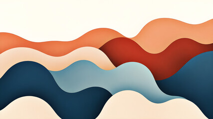 Undulating shapes in soft pearl white, muted royal blue, and warm faded red, with accents of charcoal black for a contemporary Korean-inspired composition