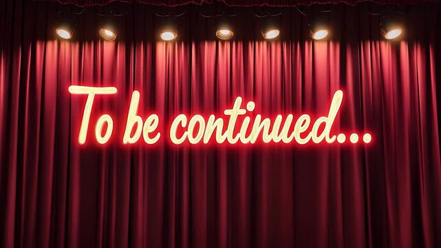 The text "To be continued..." is written in cursive and illuminated by spotlights behind the curtain of an empty theater. The background is a dark red velvet curtain with soft shadows and highlights