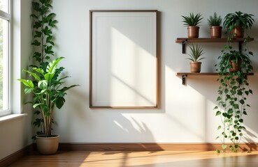 Blank frame on shelf with plants and window. Sunny room with wooden shelf holding potted plants. Ivy plant and large plant in corner. Modern home decor. Interior design.