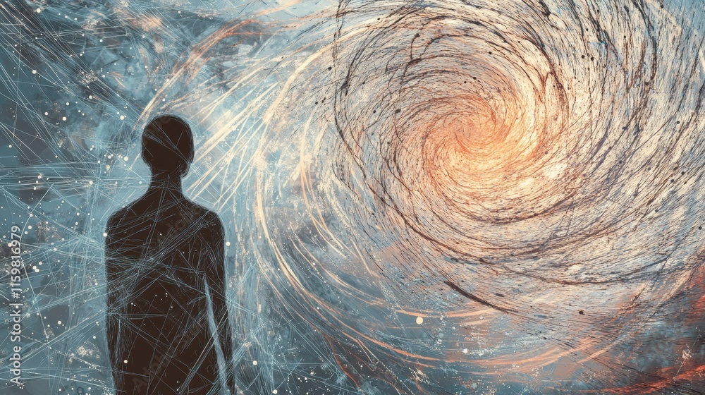 Poster human silhouette in abstract whirlwind illustrating feelings of isolation and turmoil among swirling